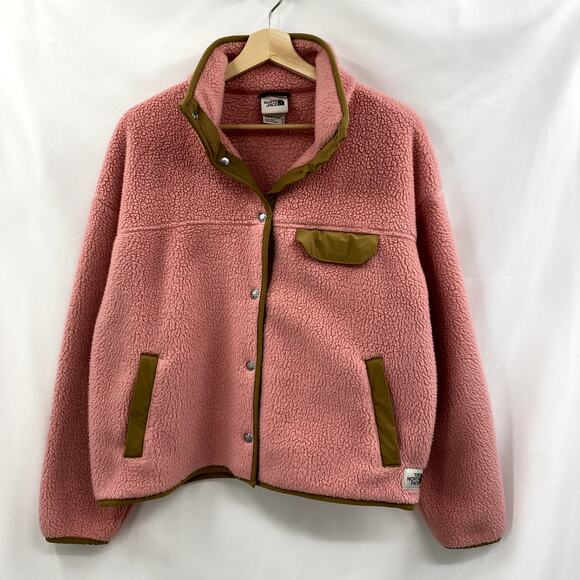 North Face Pink Sherpa Button Jacket Fleece - Picture 2 of 6